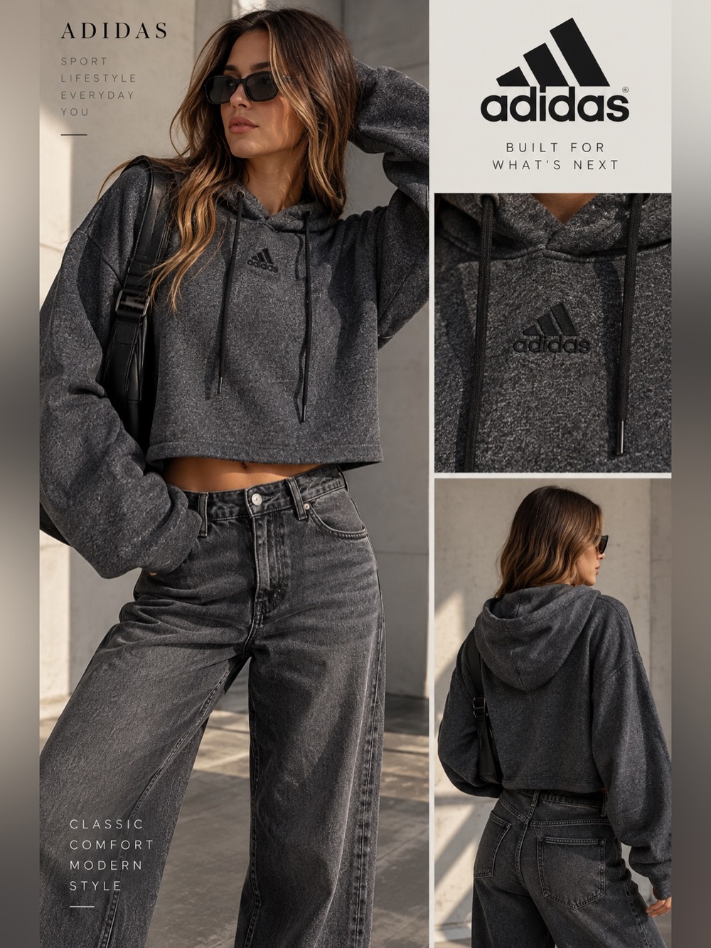 Adidas Women's Dark Charcoal Cropped Hoodie